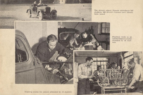 Facsimile page with image of industrious Latvians in Esslingen post-WWII Displaced Person camp